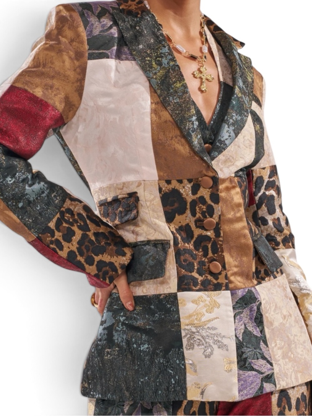 AKIRA Patchwork Leopard-Print Blazer in Brown, Black, Gold, Purple